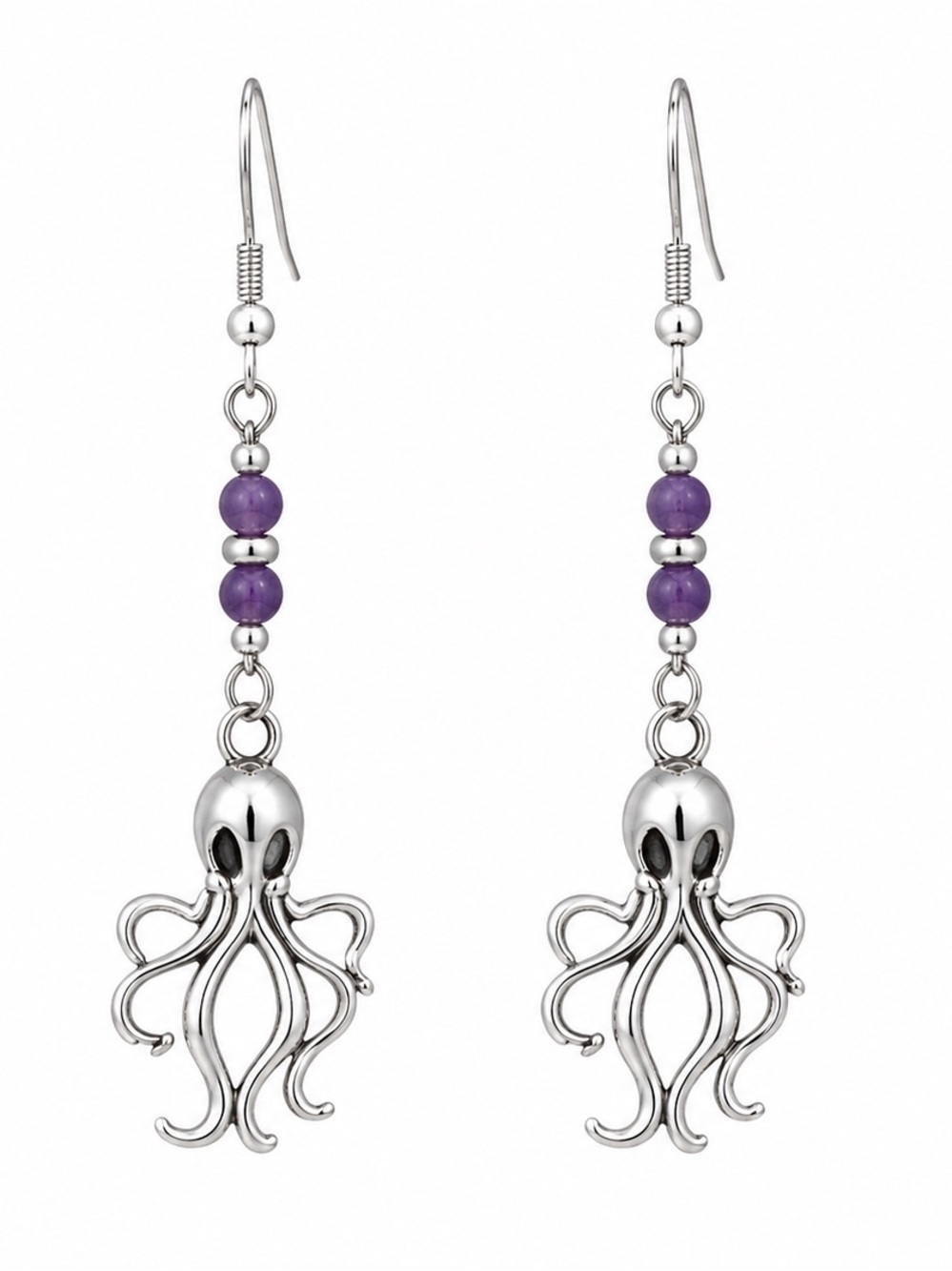 Antique Silver Octopus Dangle Earrings Accented with Purple Crystals.
